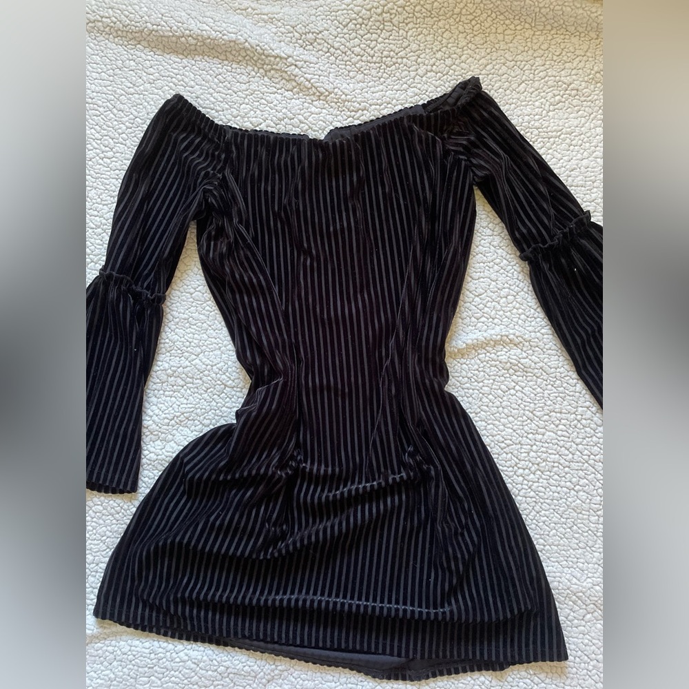 Black Velour Vertical Striped Off the shoulder Dress w Bell Sleeves